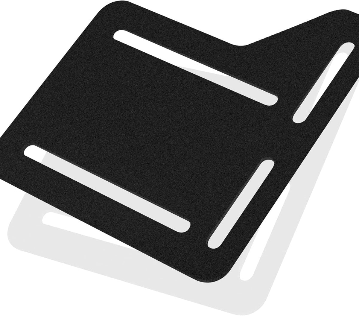 Black metal bed frame bracket with multiple horizontal slots and wide base, underside view