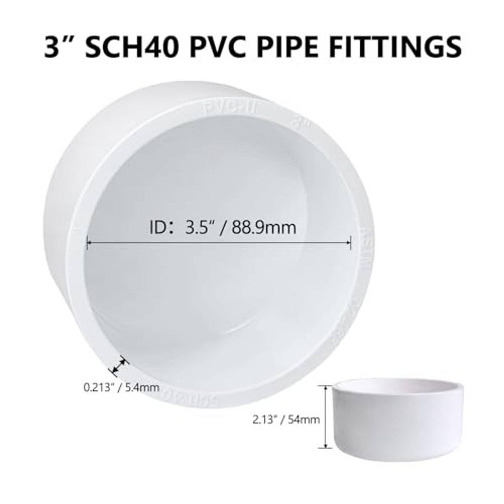 White 3 in PVC pipe end cap fitting with 3.5 in (88.9 mm) inner diameter