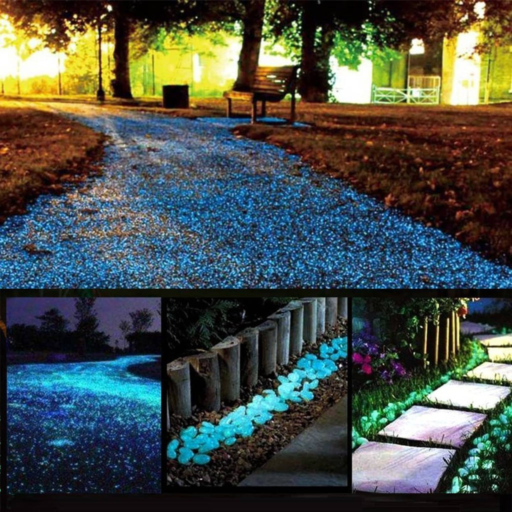 Blue glow stones used along a walkway and garden bed edging, night light effect