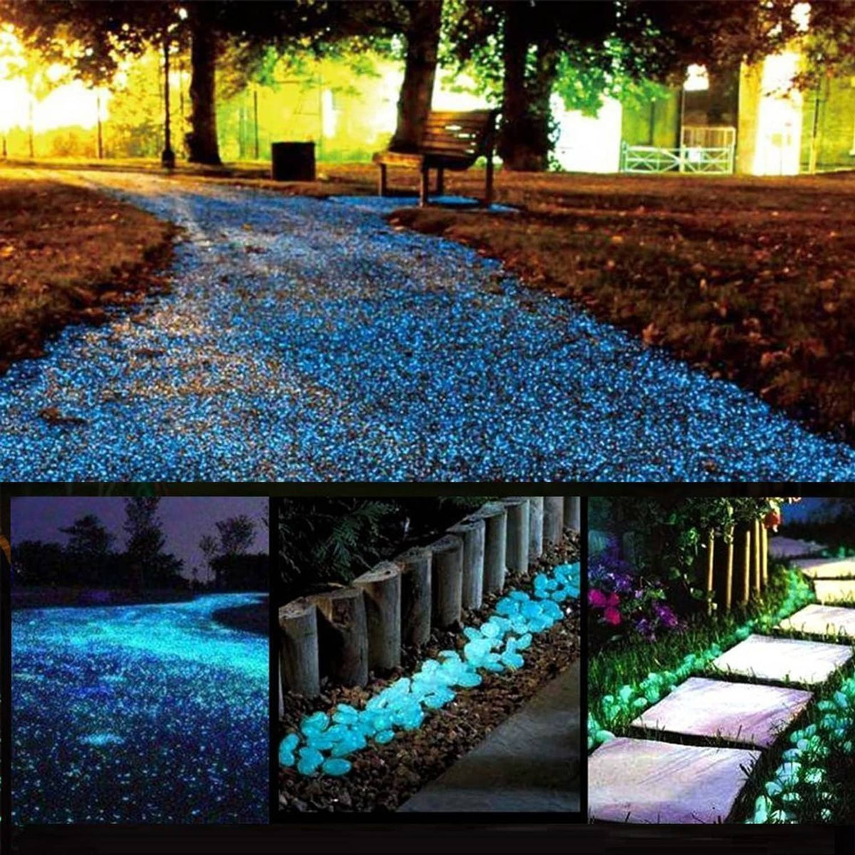 Blue glow stones used along a walkway and garden bed edging, night light effect