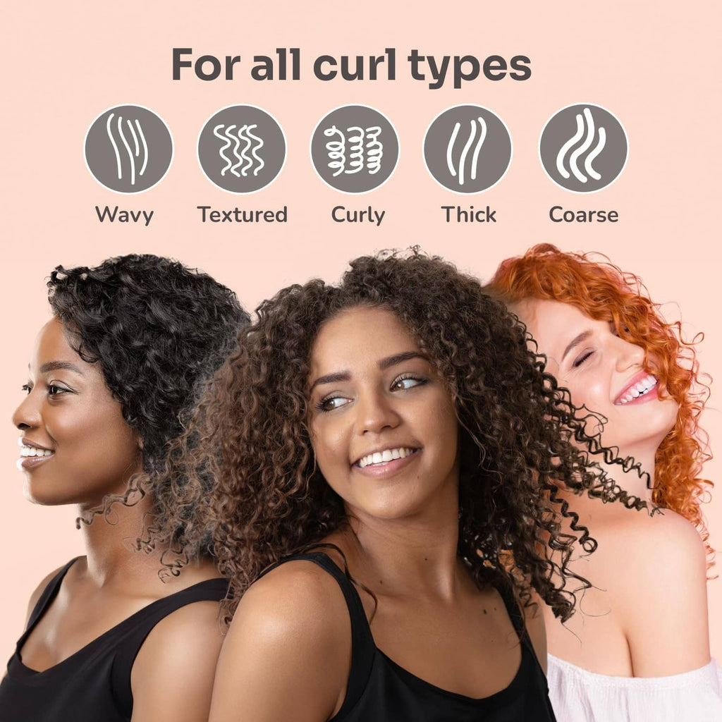 Curl detangler brush shown with wavy, curly, thick, and coarse icons