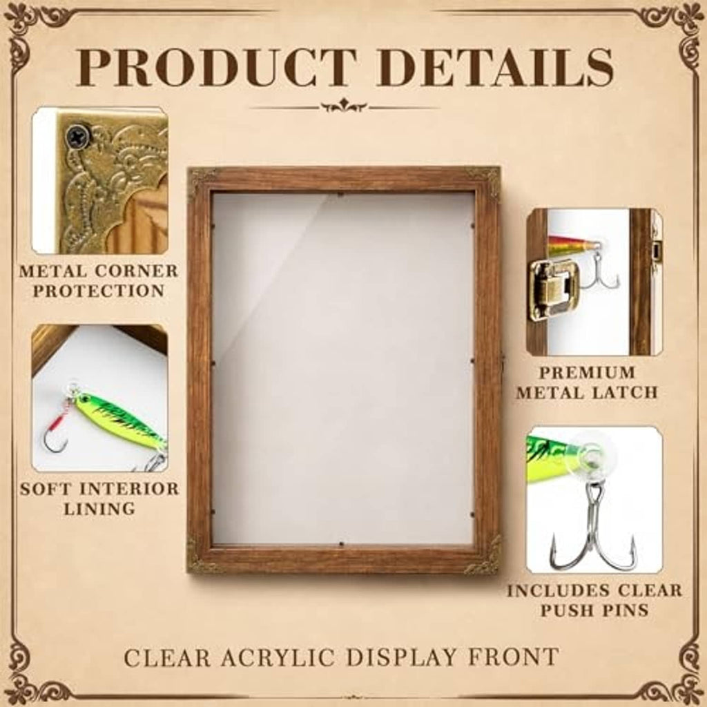 Clear acrylic fishing lure display case with wooden frame, metal corner protection, and latch