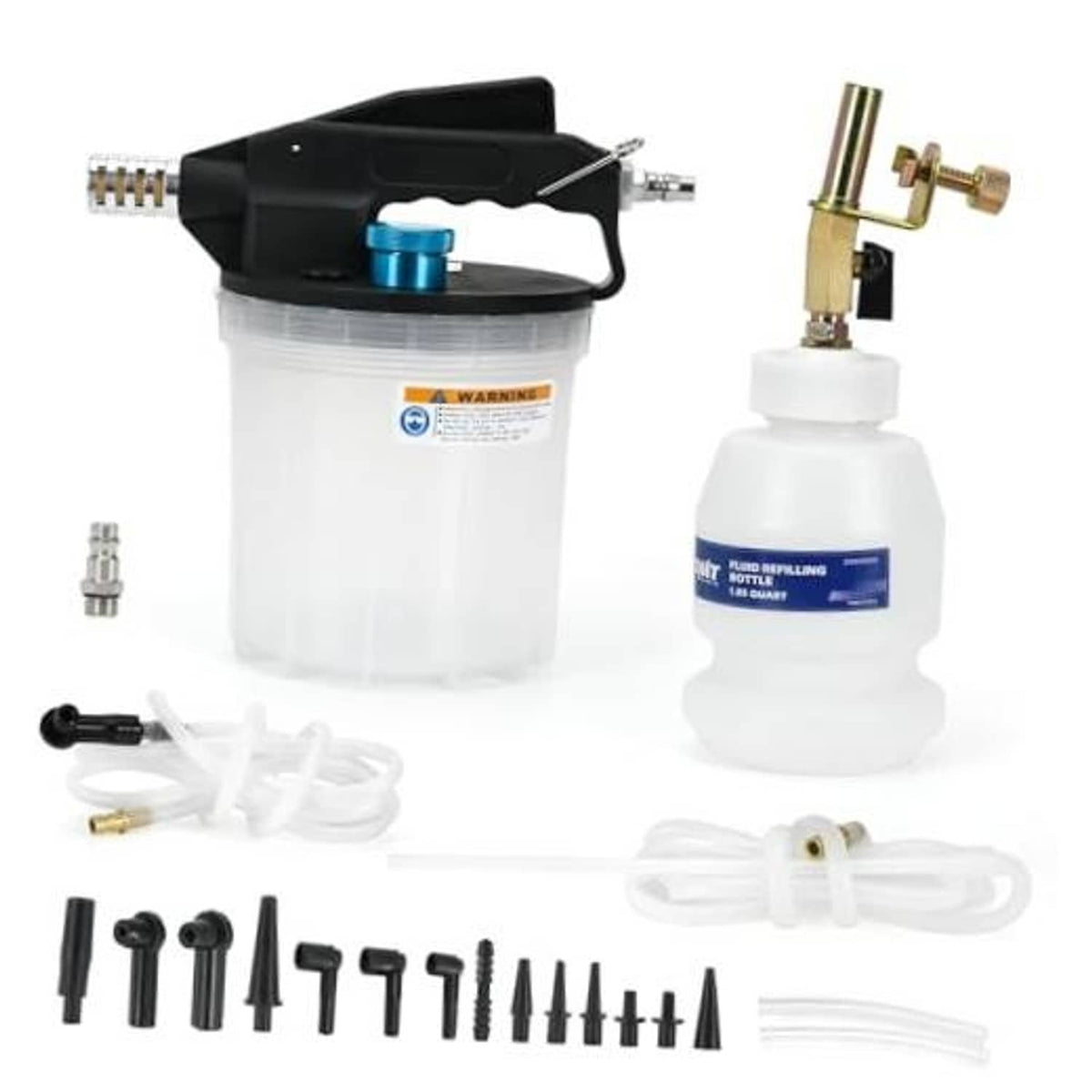 Brake bleeder vacuum pump kit with clear 2L reservoir, blue knob, and adapters