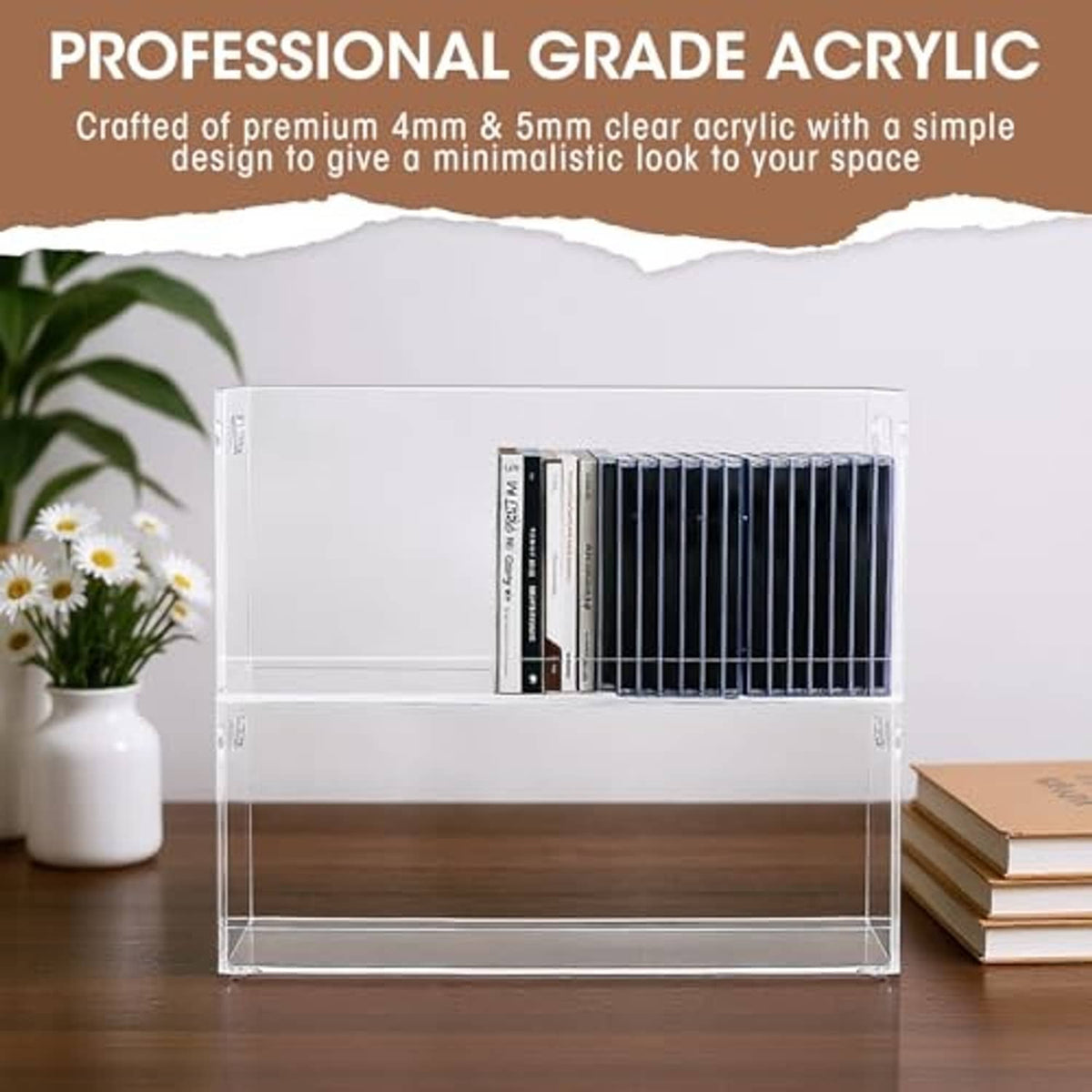 Clear acrylic CD storage box rack with front open shelves and cut-out handles