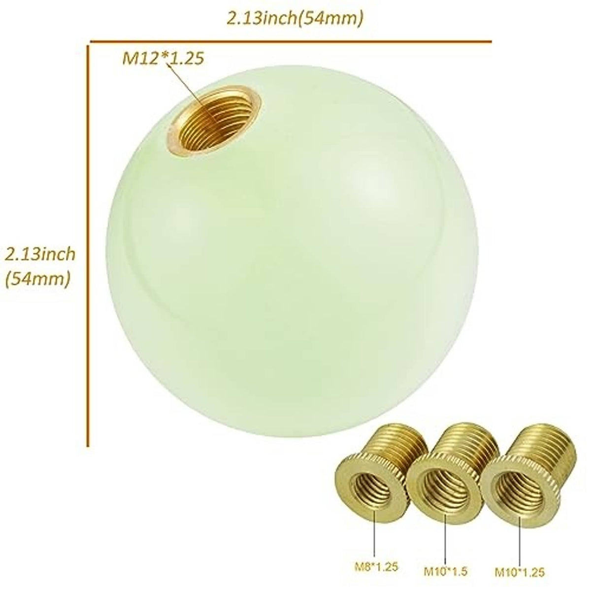 Fluorescent green shift knob with gold threaded adapters and size measurements