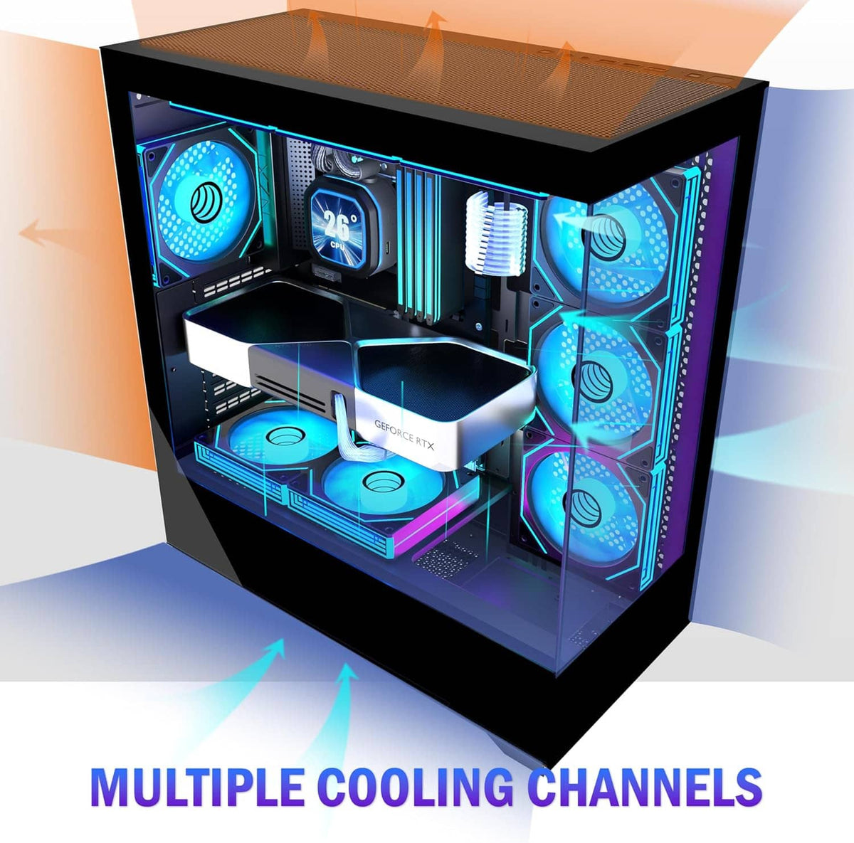 Angled view of mid-tower PC case interior with multiple RGB fans and GPU area