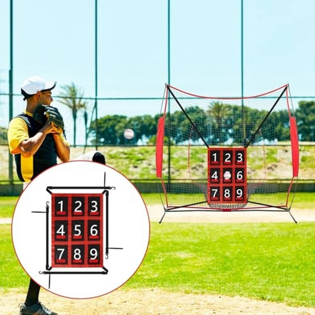 Baseball strike zone target net with white mesh sides and red 1–9 numbered panel