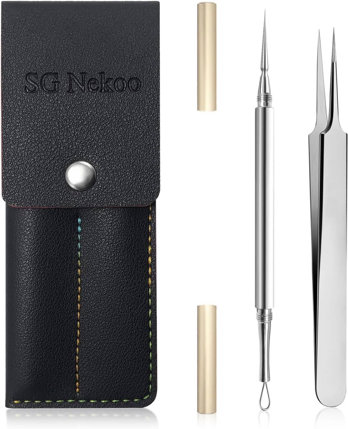 Black leather tool case with snap button and gold-toned facial extractor set