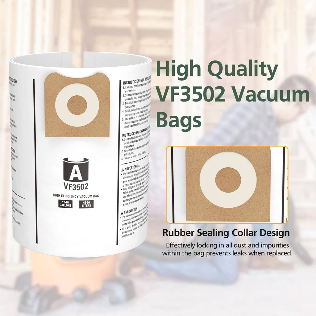 White vacuum dust bag roll with tan inlet seal and rubber sealing collar design