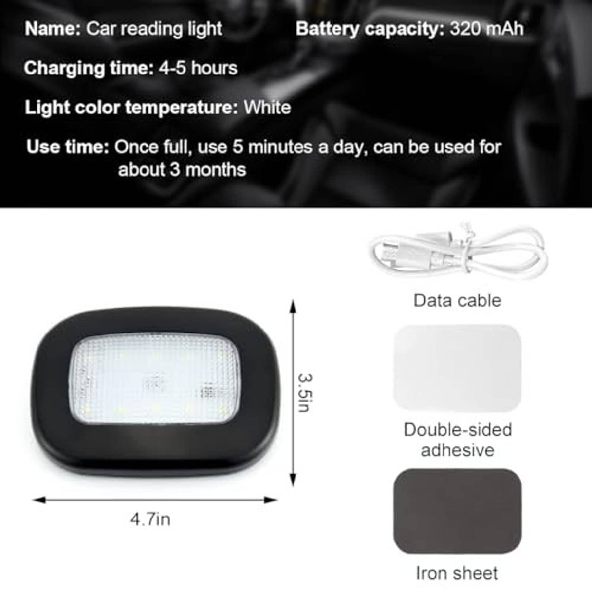 Black magnetic dome LED reading light with size markings, USB data cable, and adhesive pads