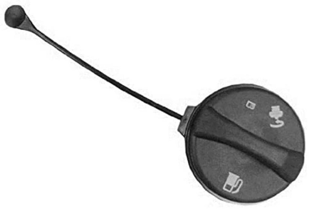 Fuel tank filler cap with tether strap, black circular cap showing pump and key symbols