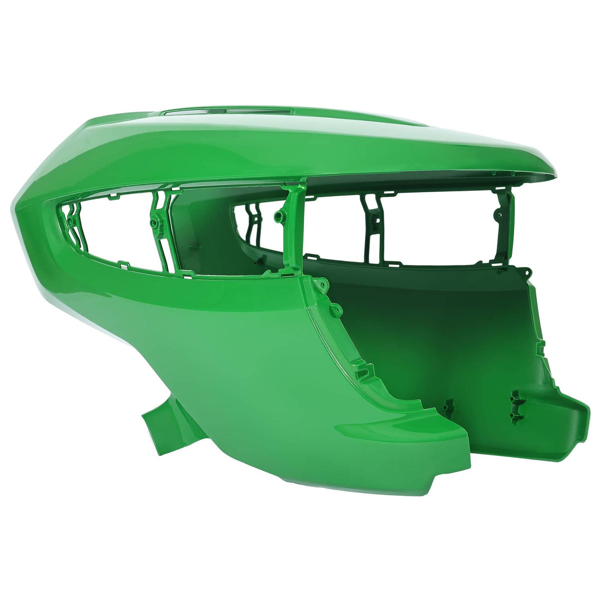 Green lawn mower hood assembly with side cutouts and mounting brackets