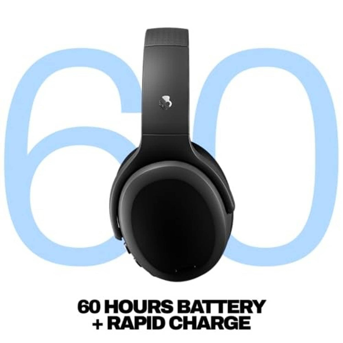 Black over-ear wireless headphones shown from front with centered headband and earcups