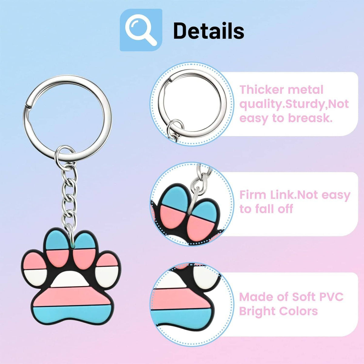 Close-up of silver key rings with colorful soft PVC charm keychains