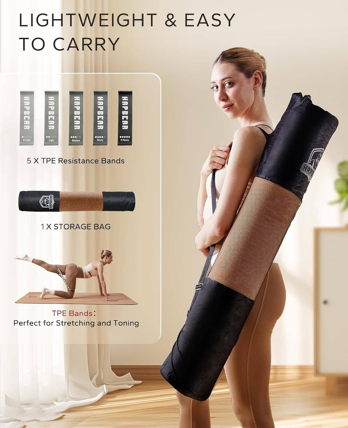 Cork yoga mat rolled for carrying, with included resistance bands and storage bag