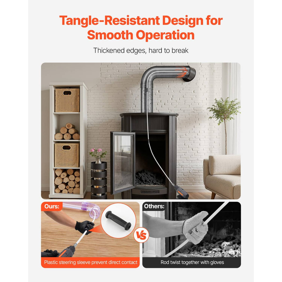 Tangle-resistant chimney brush kit with bendable rod and brush head for smooth use