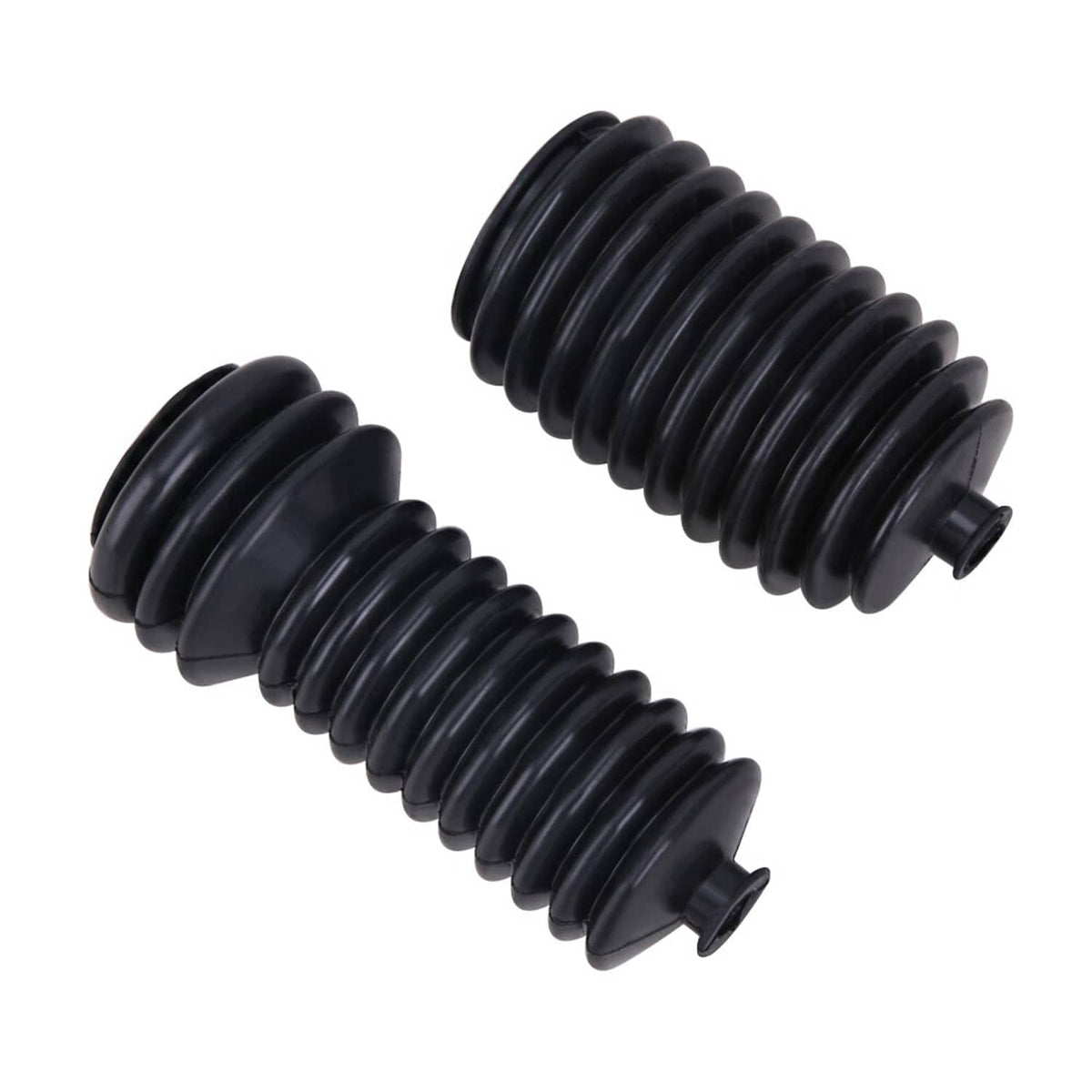 Two black steering rack pinion boots, ribbed rubber bellows with end caps and holes