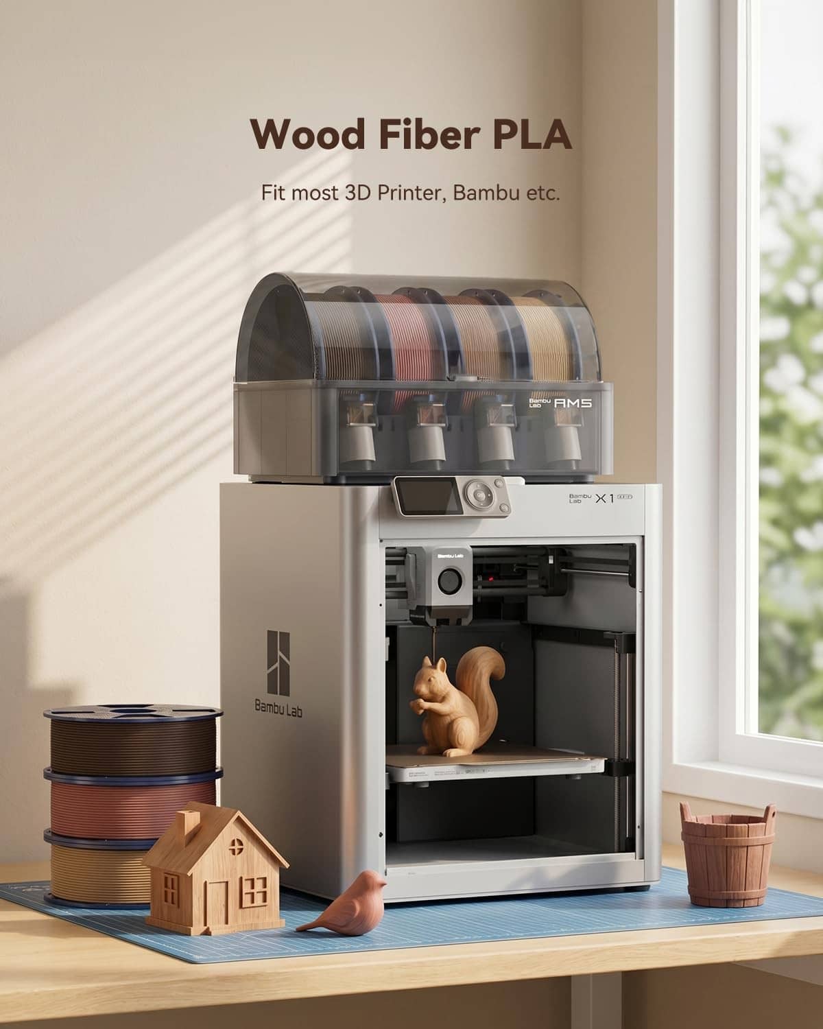 Wood-fiber PLA filament spool and small house print on a 3D printer