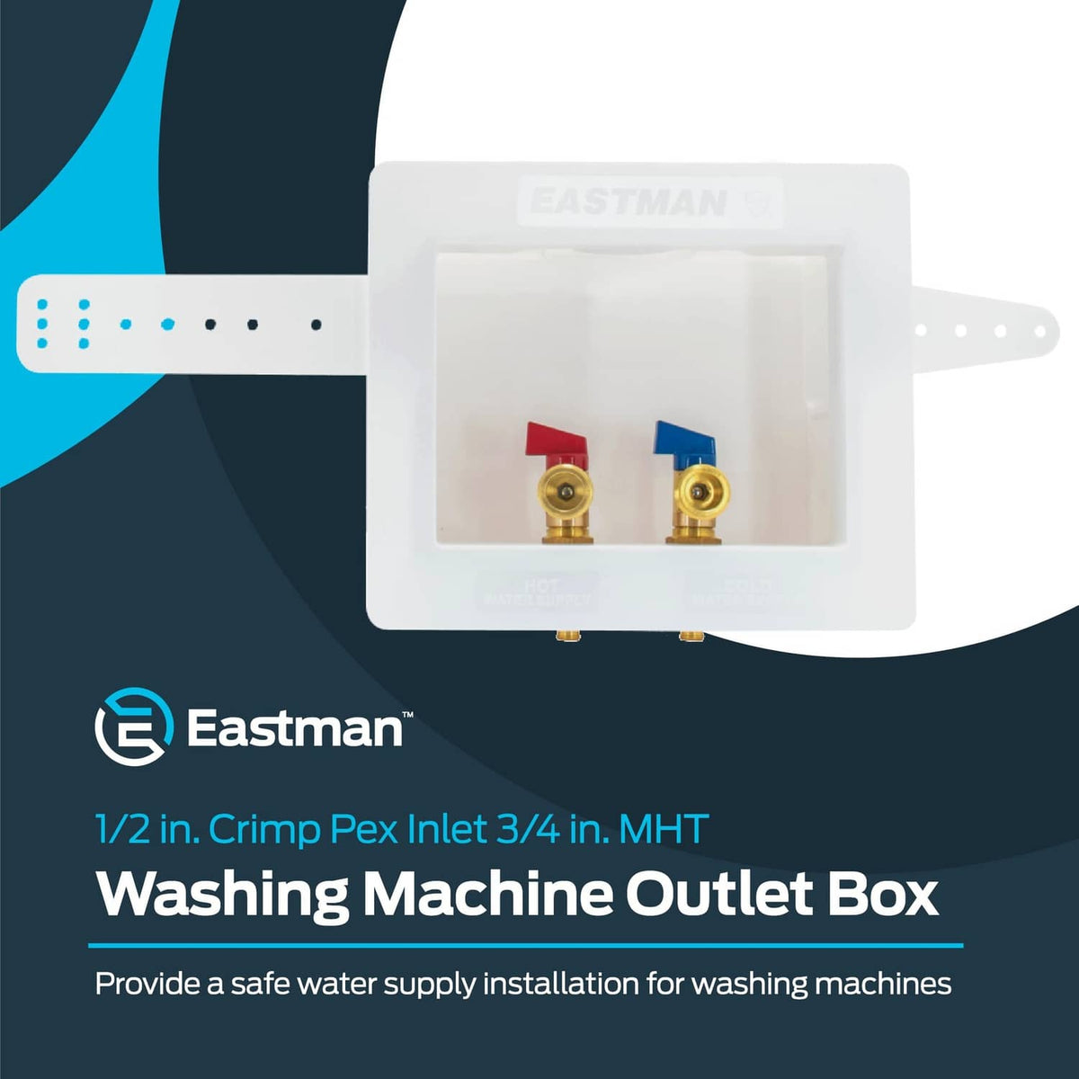 White outlet box with two brass ball valves, red hot and blue cold indicator caps