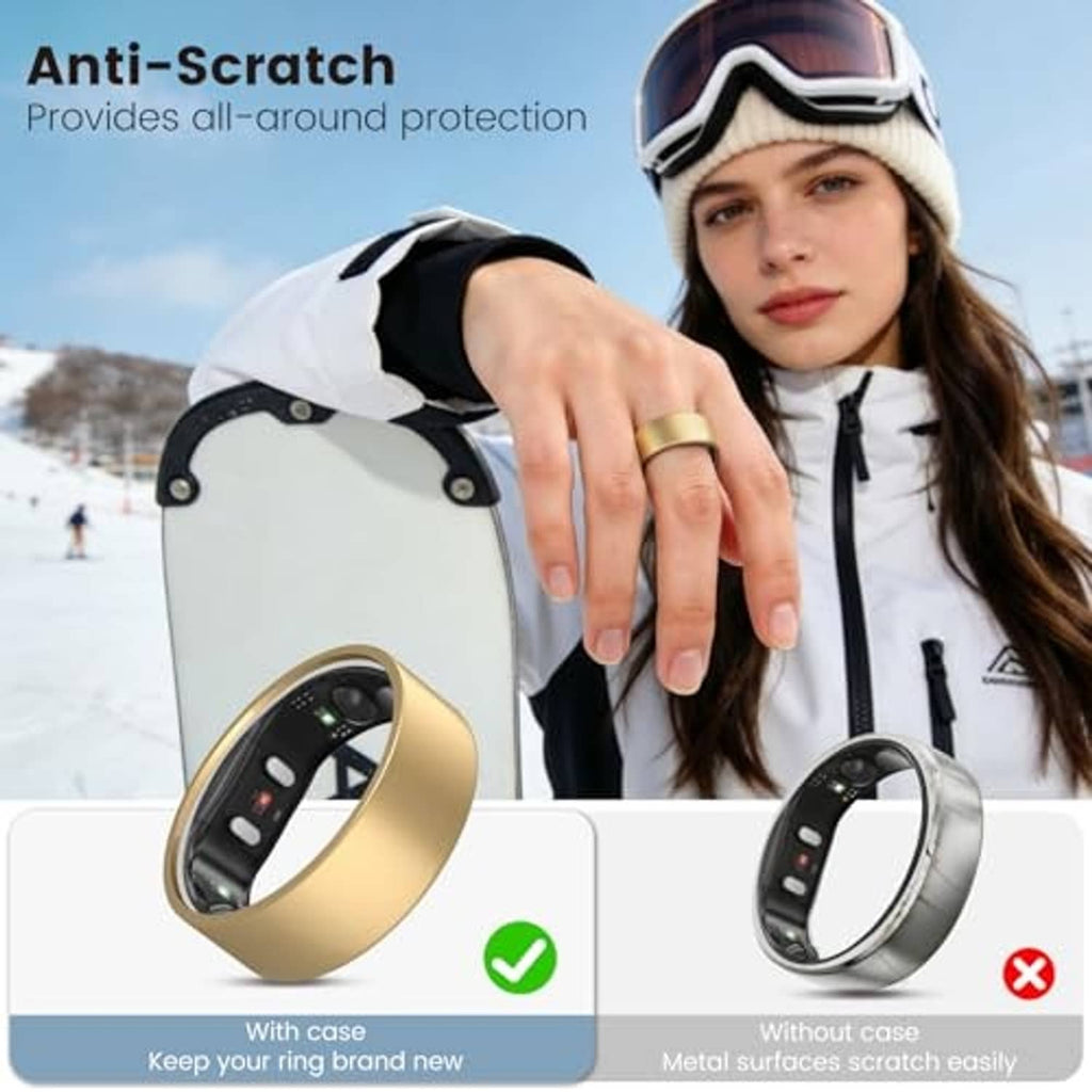 Matte gold ring cover worn on a finger, showing the dark inner sensor band