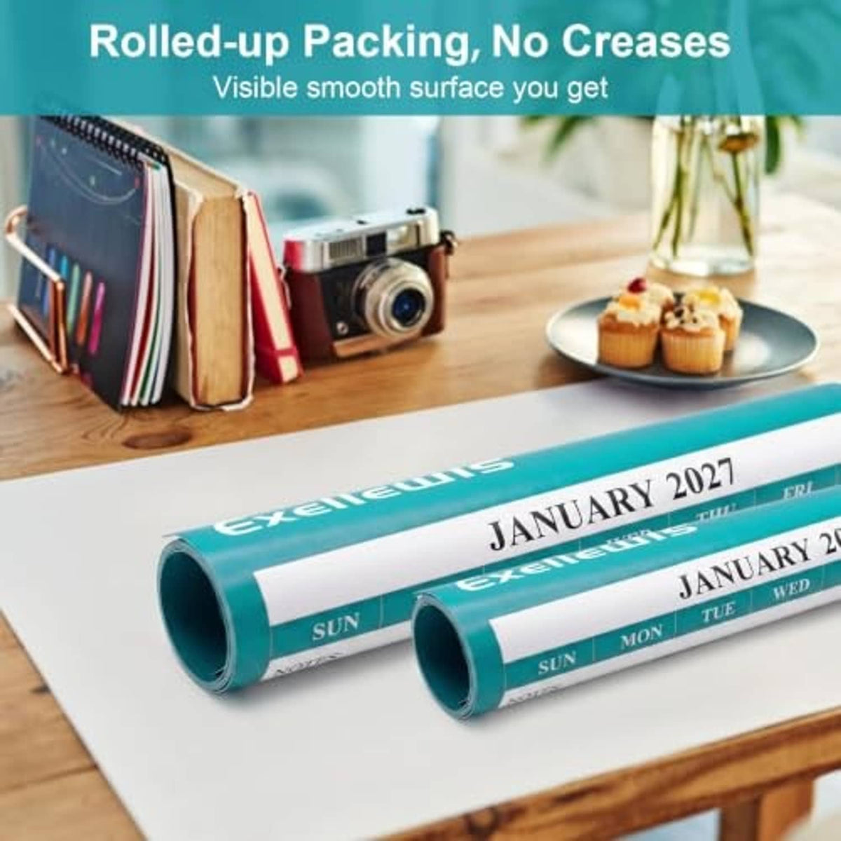 Rolled teal laminated wet/dry erase wall calendar planner, smooth no-crease surface