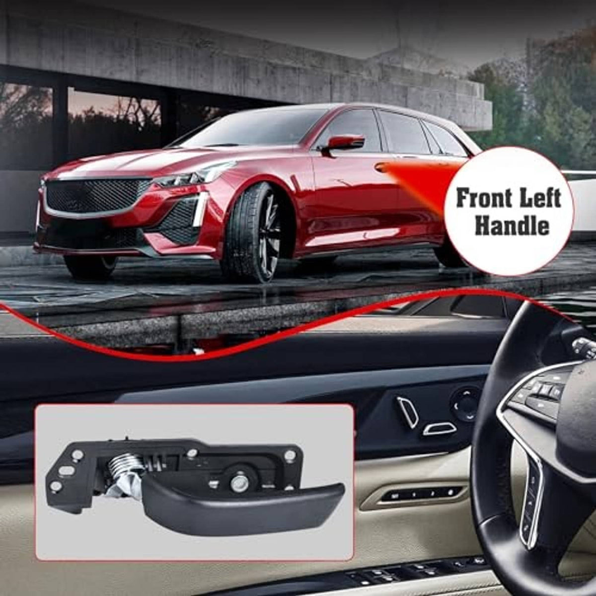 Black front left interior door handle on dashboard trim with inset latch assembly