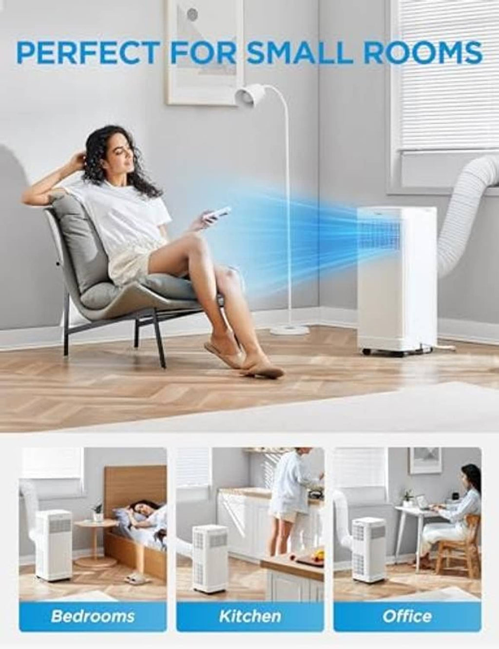 Portable air conditioner cooling a small room near a window and seating area