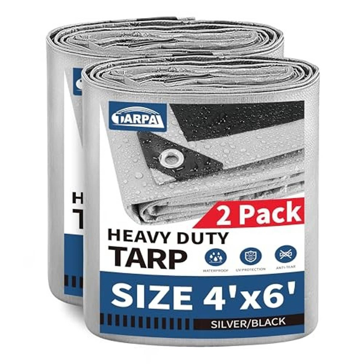 Two-pack of heavy-duty tarps, rolled silver fabric with black underside, 4x6 ft size.