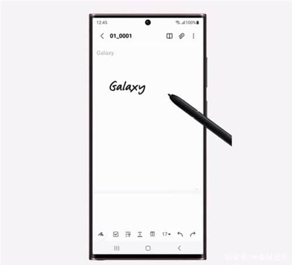 Black Bluetooth S Pen stylus pointing toward smartphone screen for writing