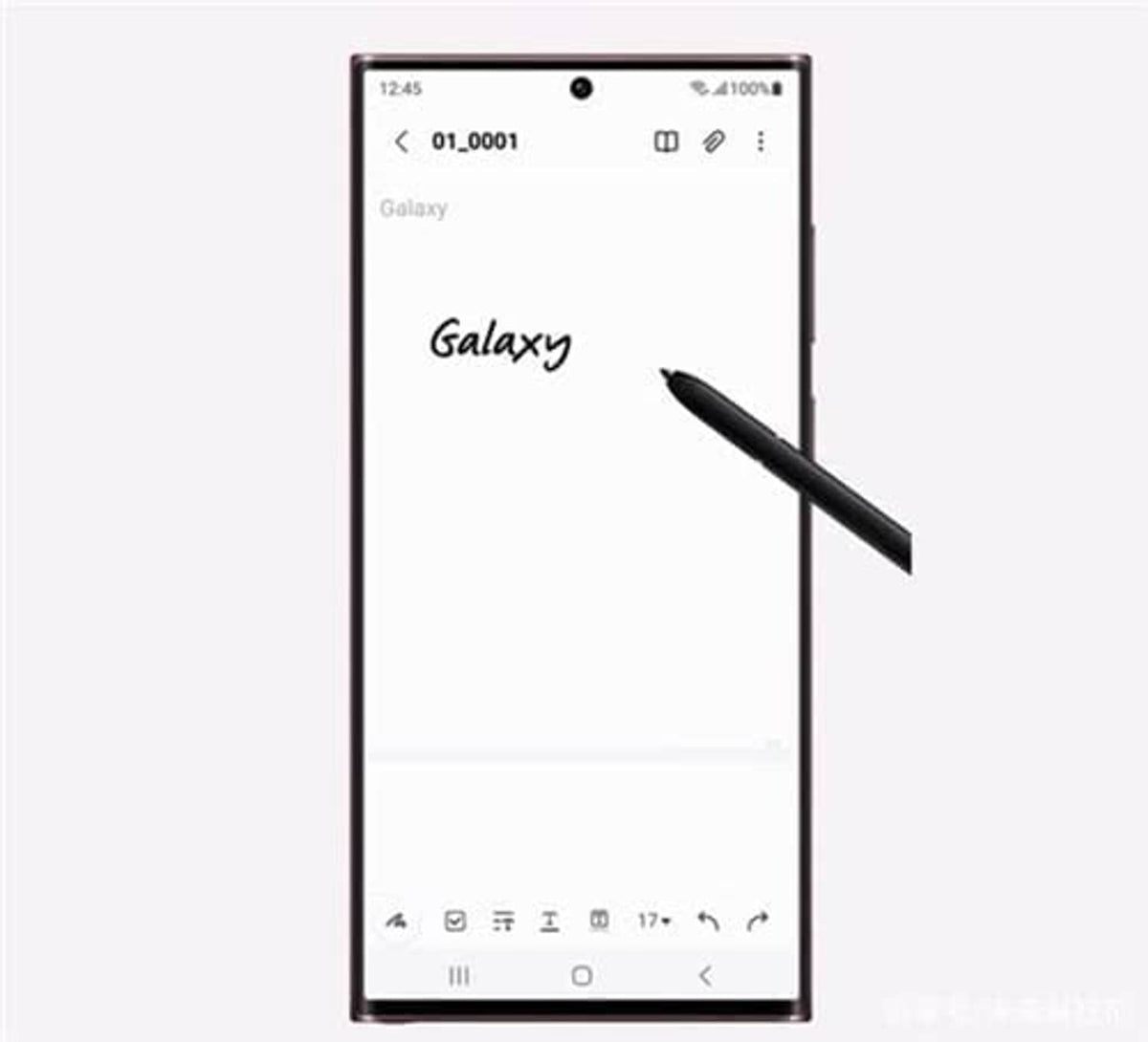 Black Bluetooth S Pen stylus pointing toward smartphone screen for writing