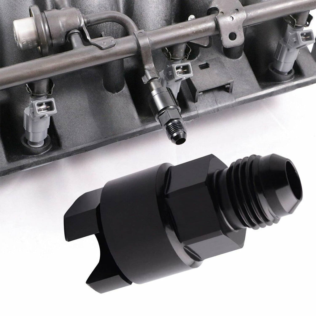 Black AN6 fuel adapter fitting installed on a fuel line quick-connect assembly