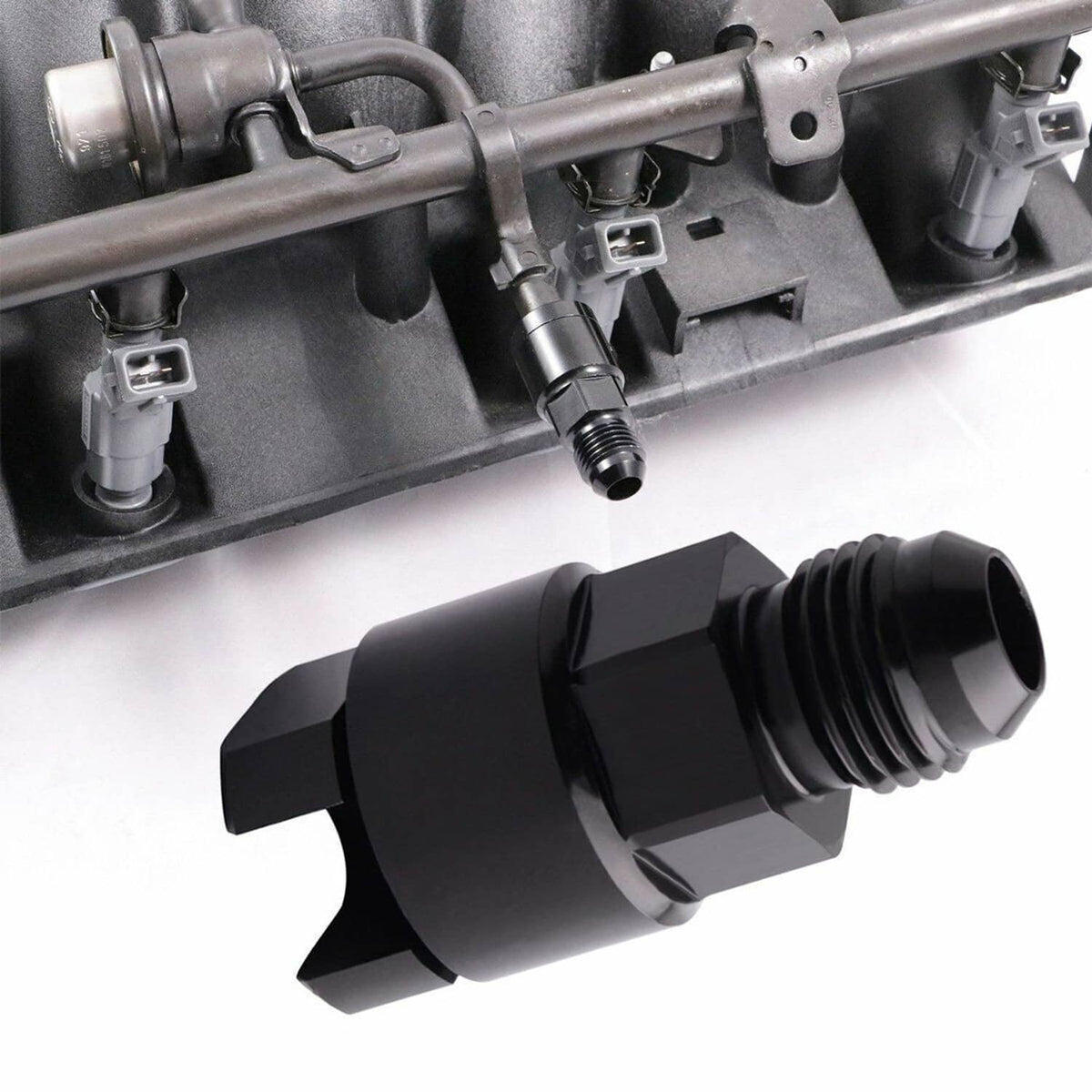 Black AN6 fuel adapter fitting installed on a fuel line quick-connect assembly