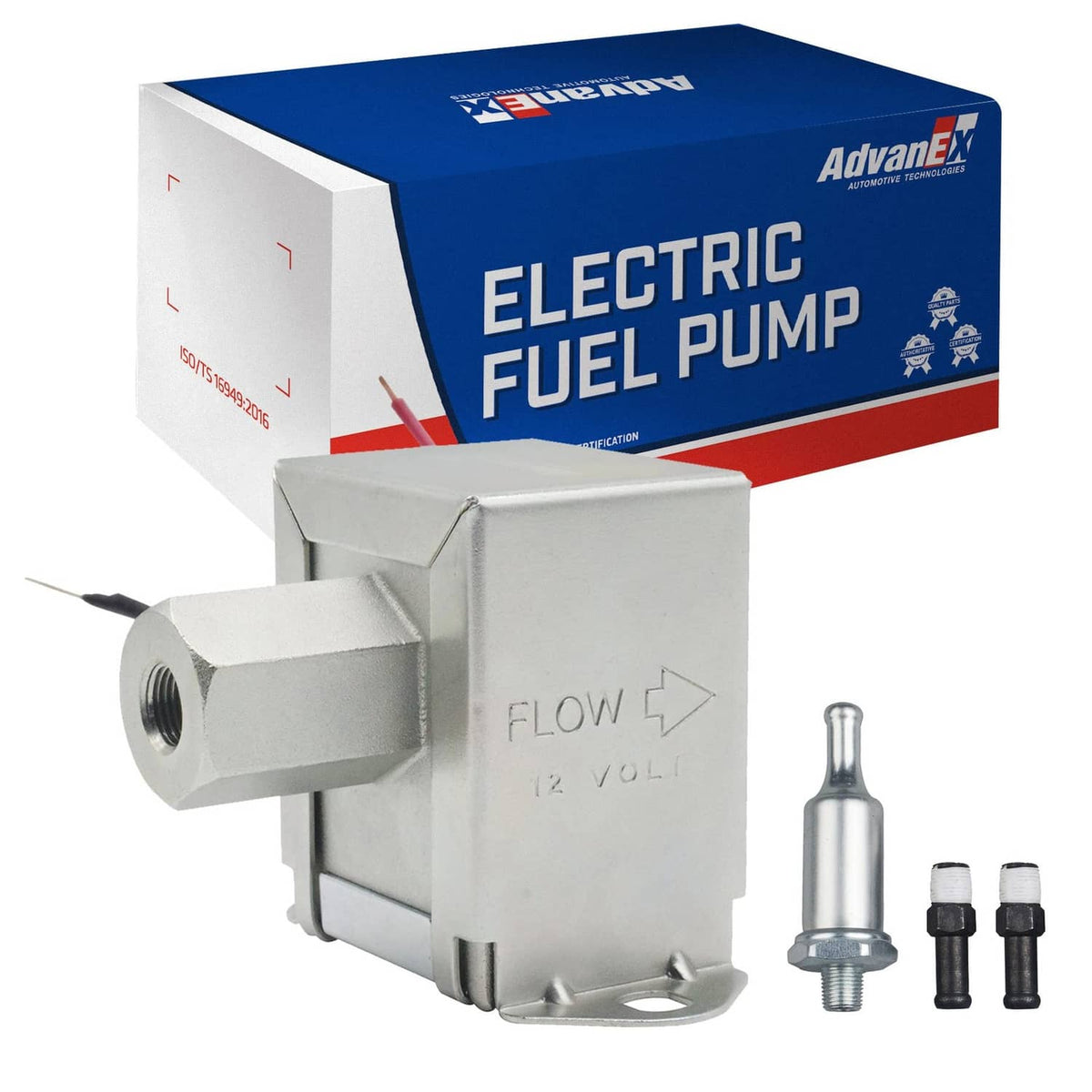AdvanEX 12V electric fuel pump with inlet/outlet fitting, silver metal body