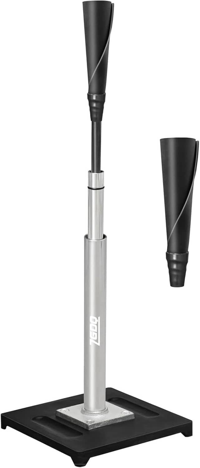 Adjustable baseball batting tee with silver pole, black rubber cup, and flat base