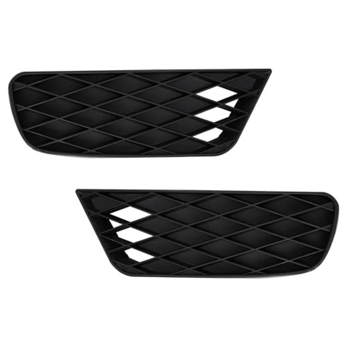 Pair of black diamond-mesh fog light bezel inserts with diagonal corner cutouts.