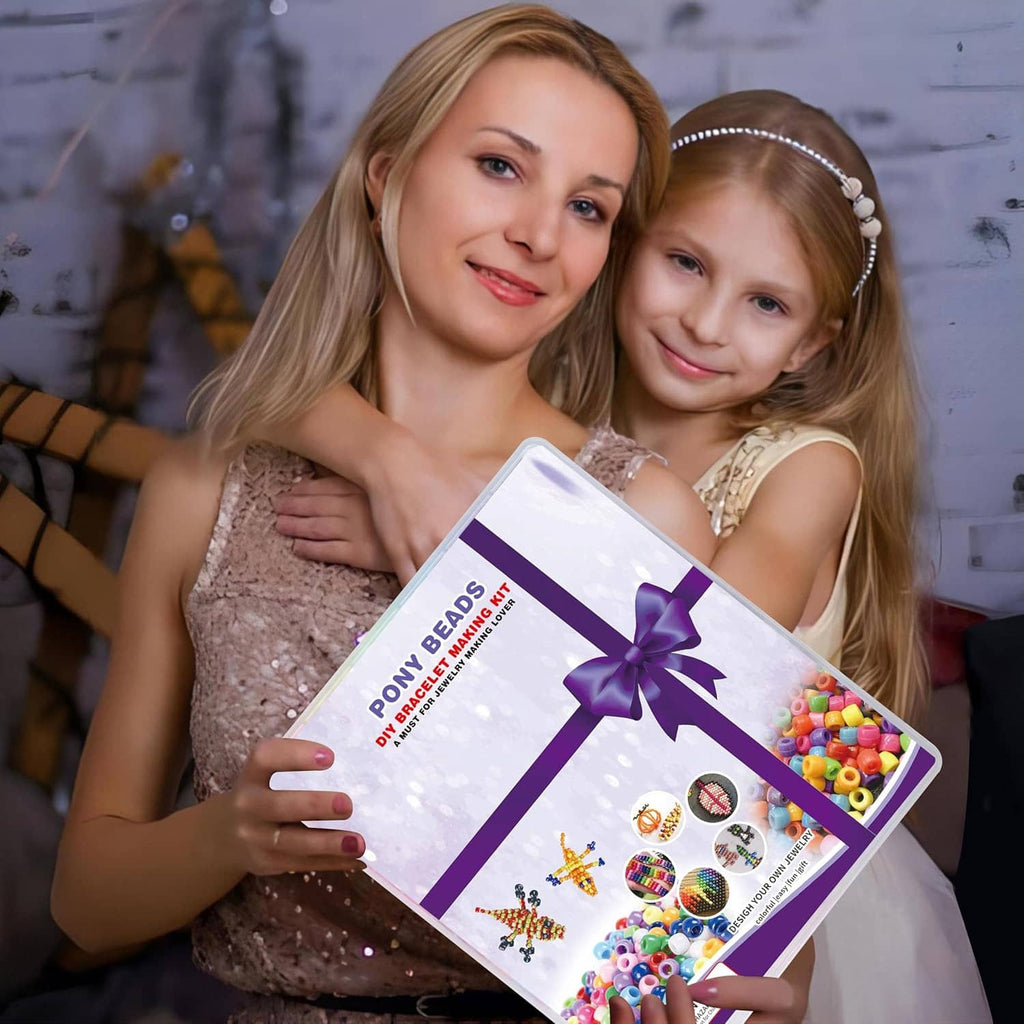 Two people holding a pony beads kit box with colorful bead assortment