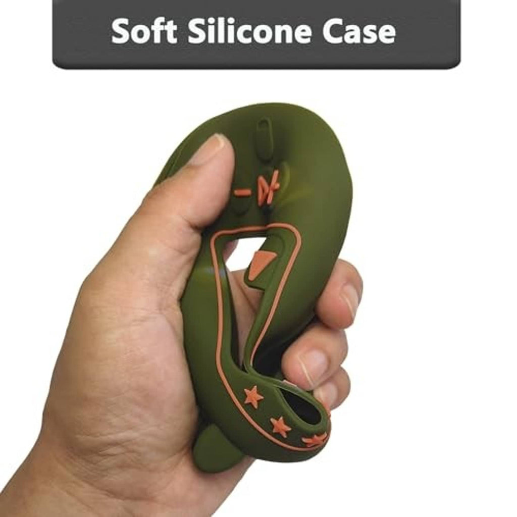 Olive green soft silicone case with cutout for JBL Clip 5; hand holding it.