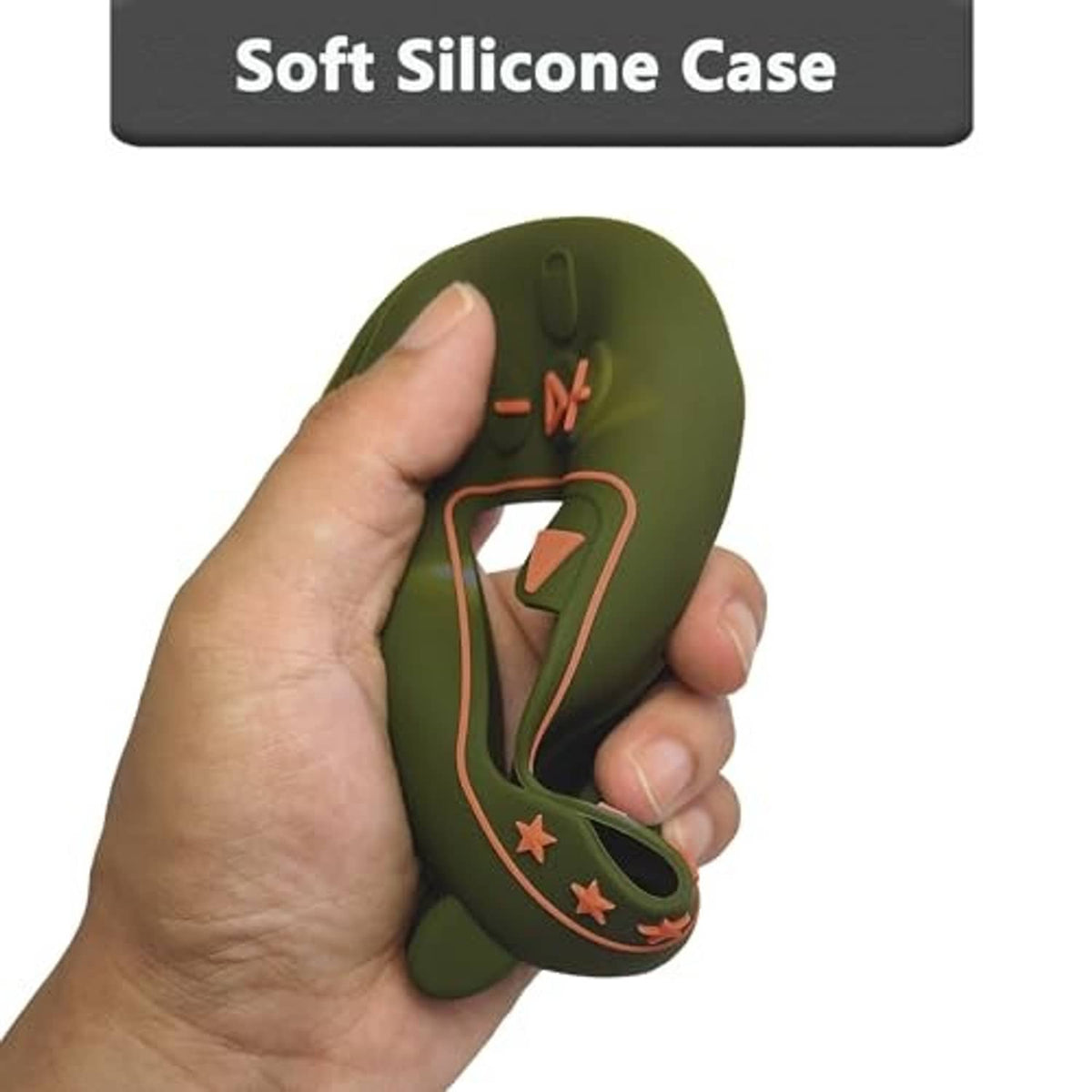 Olive green soft silicone case with cutout for JBL Clip 5; hand holding it.