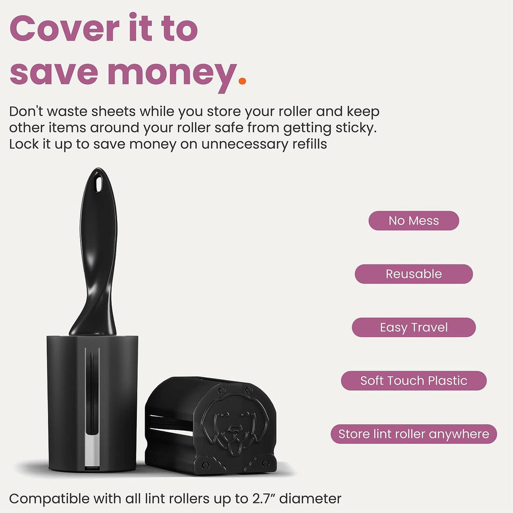 Black lint roller case with angled handle and hinged snap-on cover