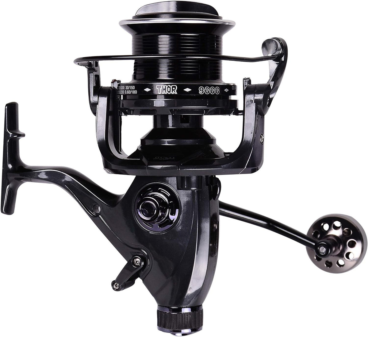 Black bait runner spinning fishing reel with brake dial and metal spool