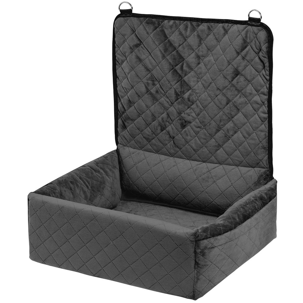 Black quilted dog booster car seat with padded side bolsters and rear attachment straps