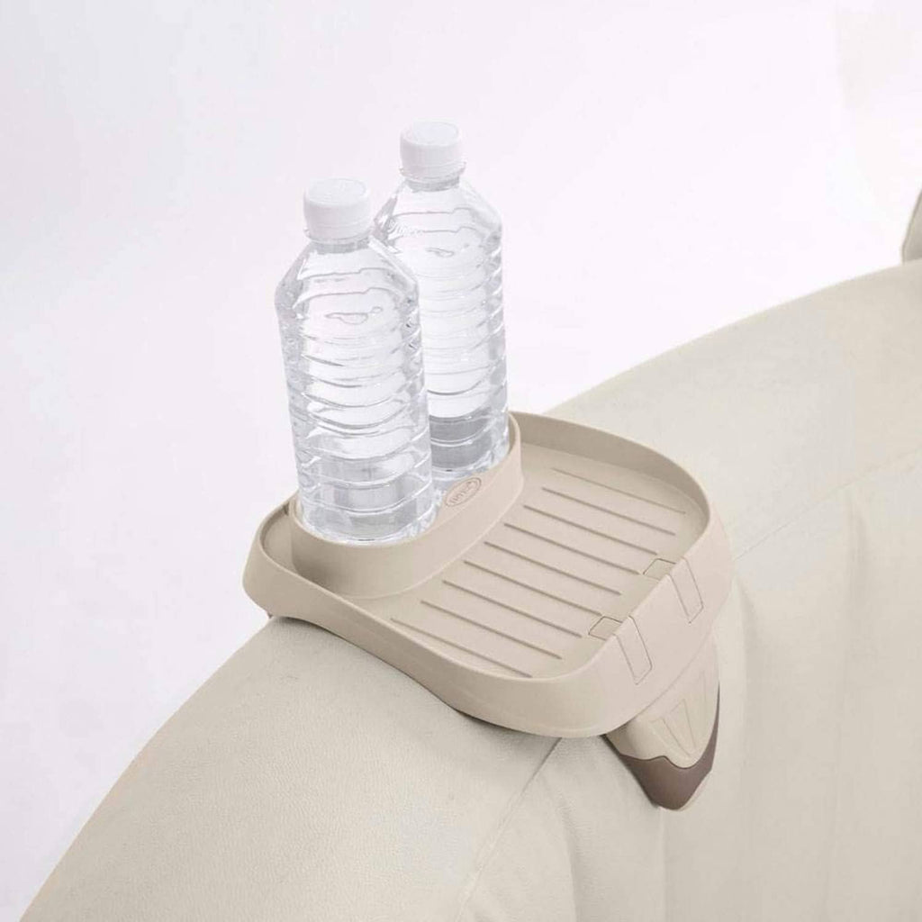 Light gray spa cup holder tray mounted on spa edge, fits two bottles