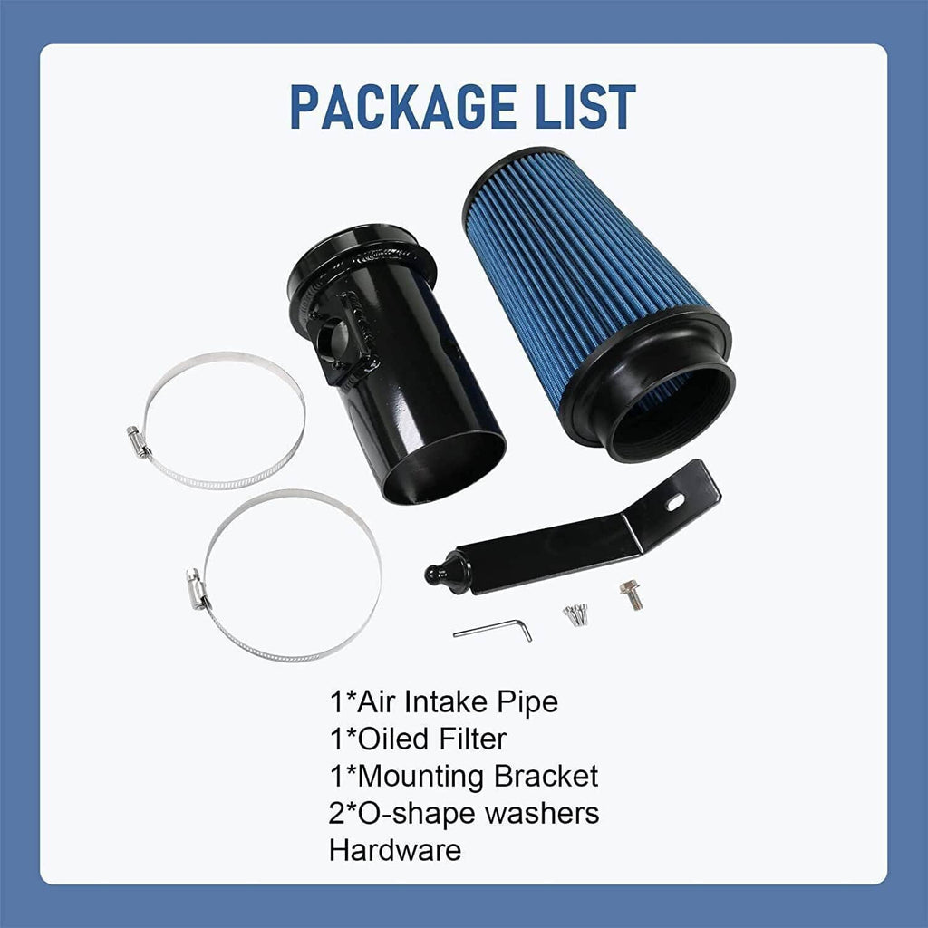 Cold air intake kit contents: blue cone filter, black intake pipe, bracket, and assorted hardware