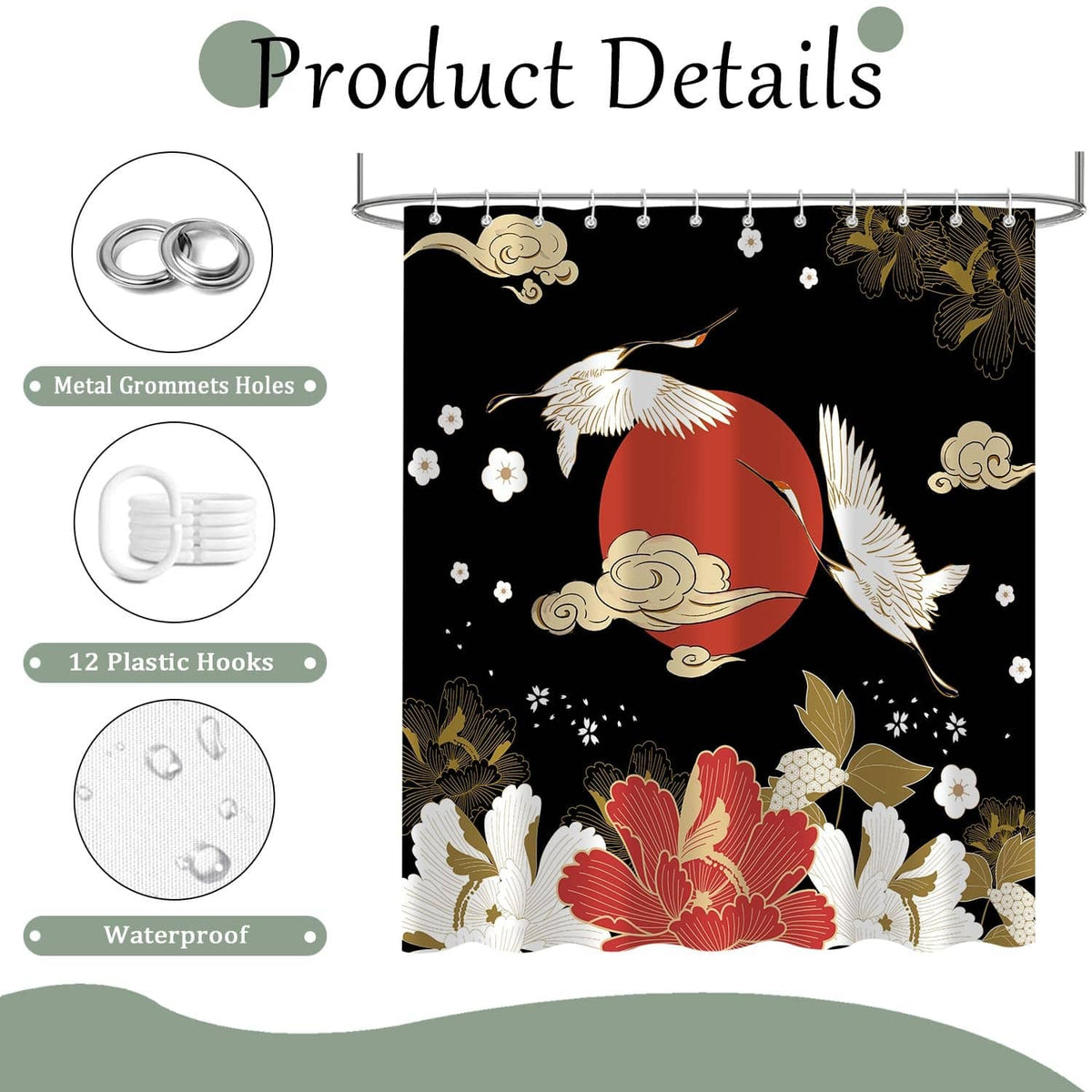 Shower curtain with metal grommets and plastic hooks; waterproof floral crane print