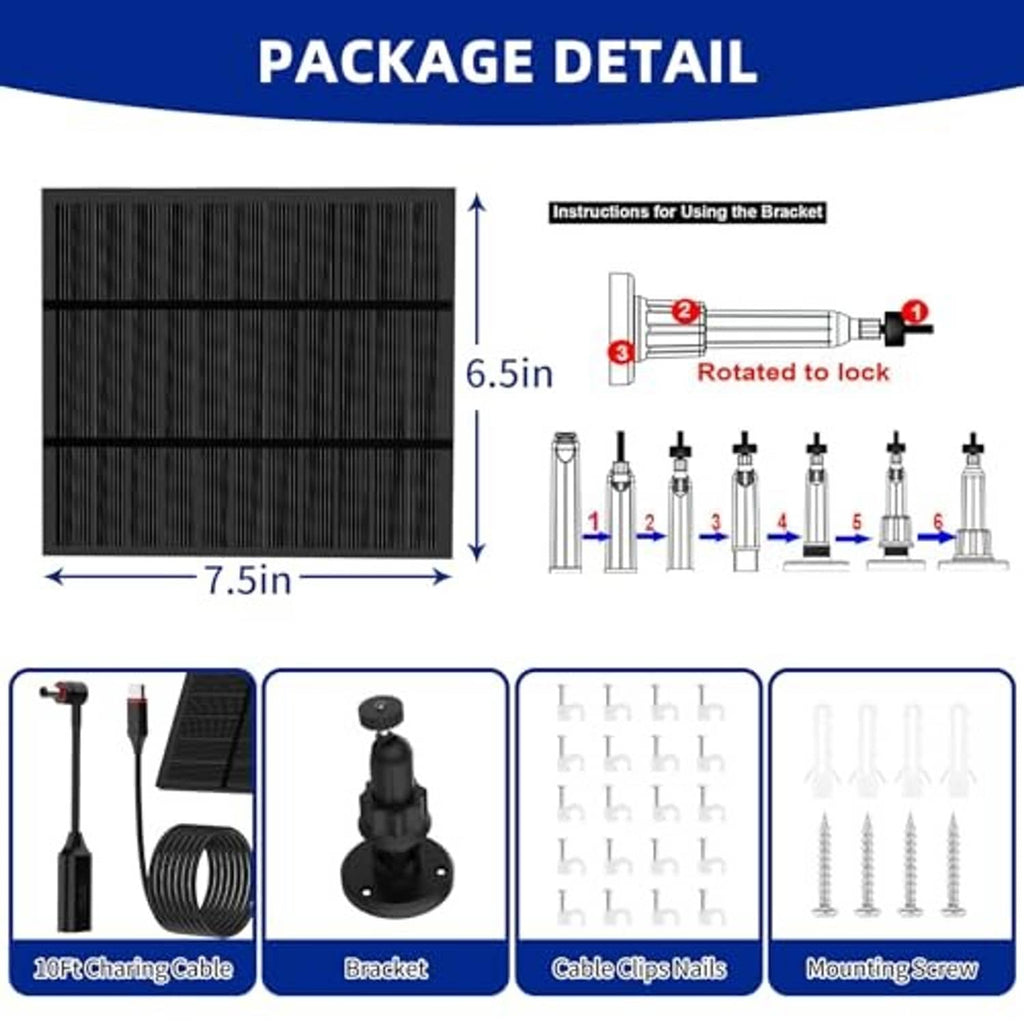 Solar panel kit with bracket, 10ft charging cable, cable clips, and mounting screws