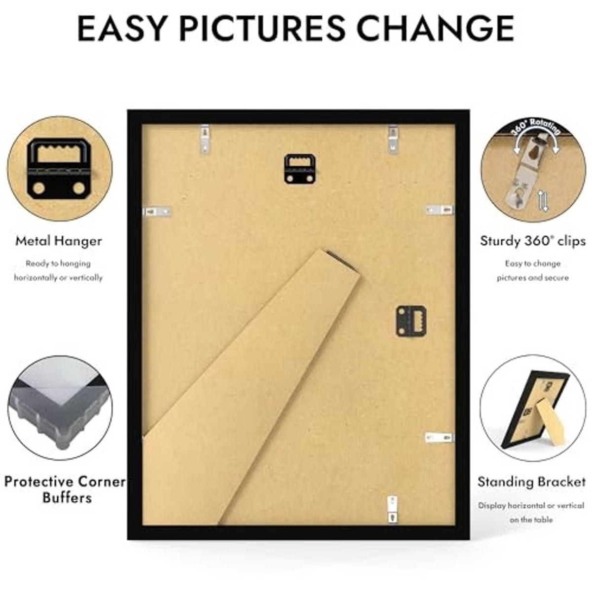 Back view of a black wood picture frame with metal clips and fold-out hanging bracket