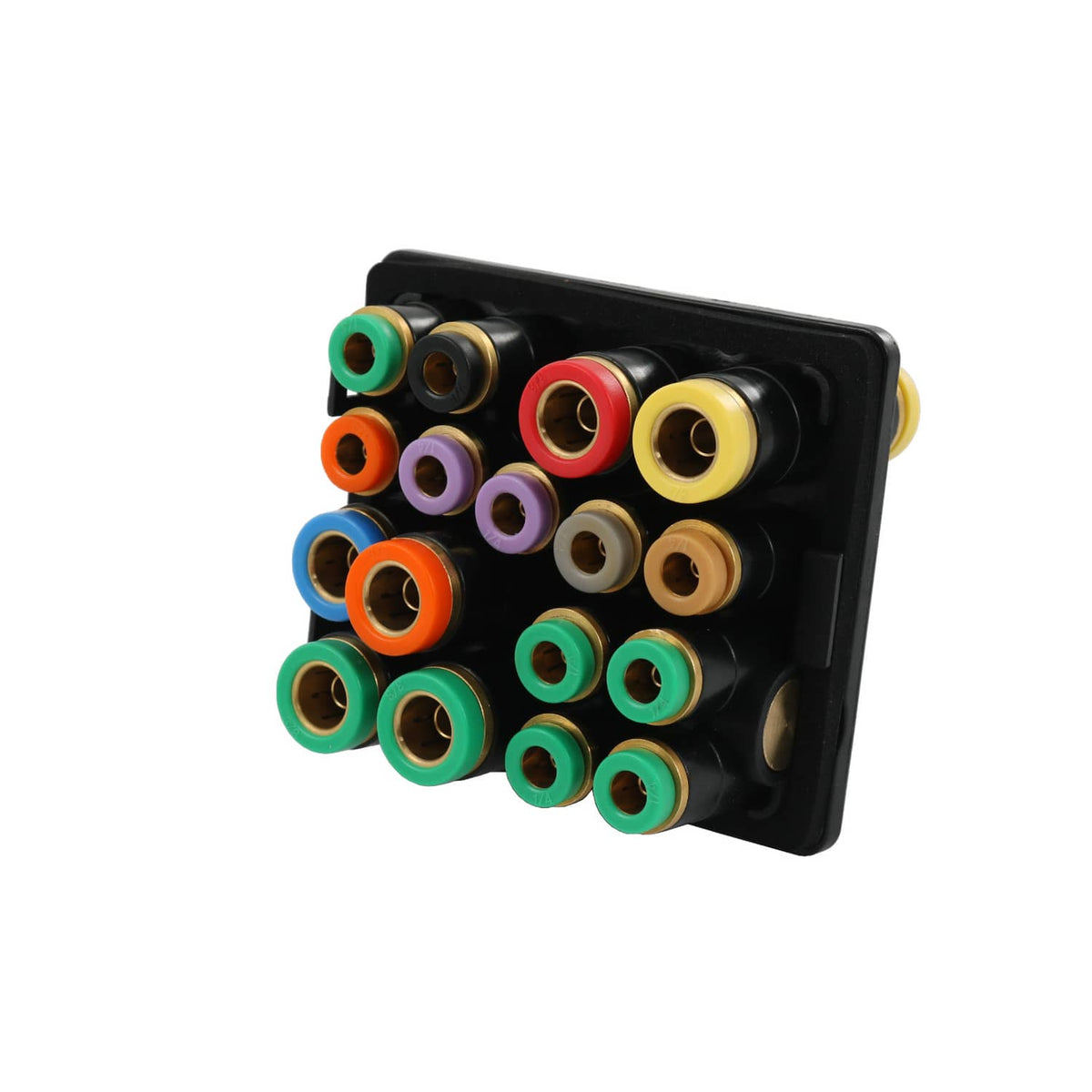 Air manifold connector block front view with multicolor fittings on black housing