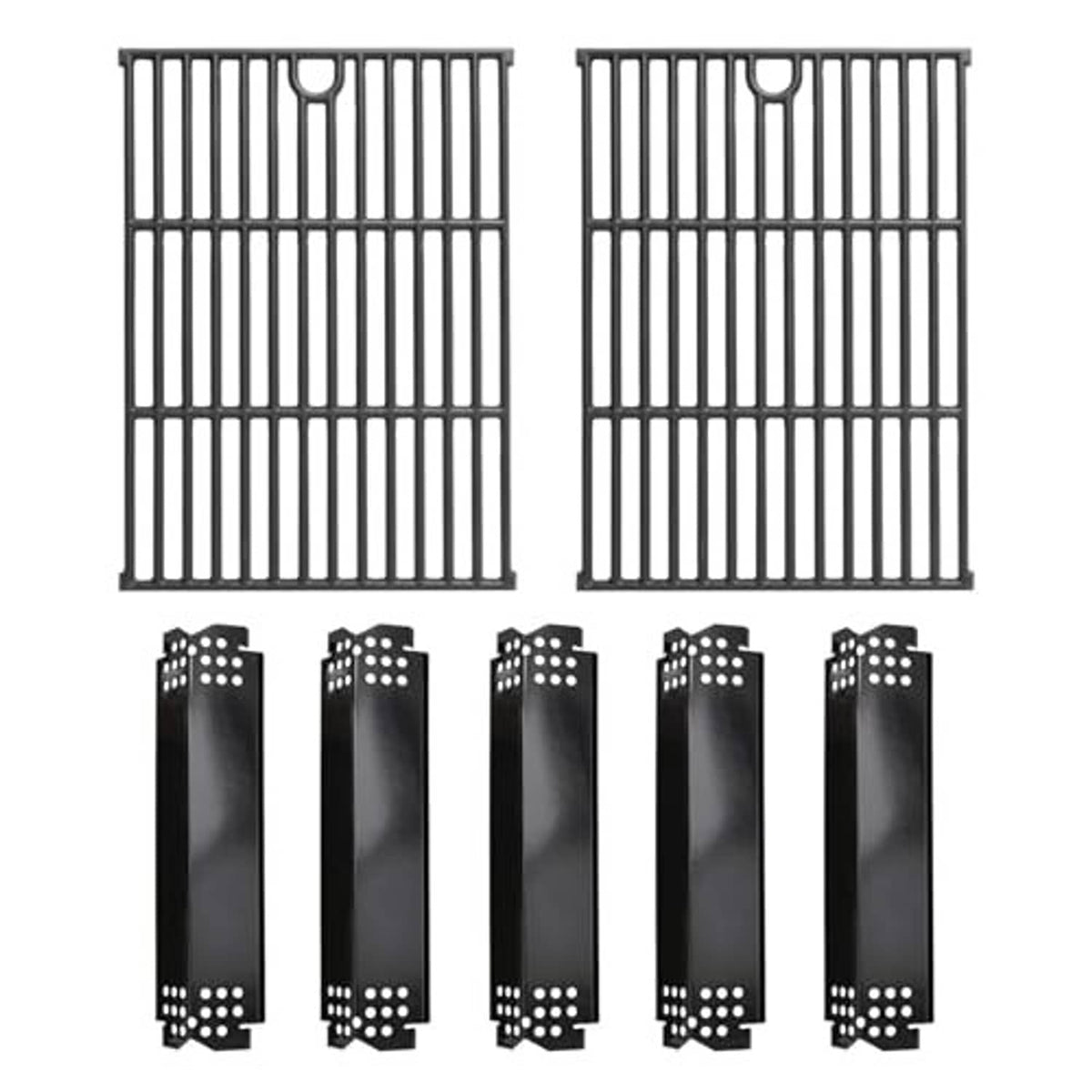Two black grill grates and several heat plates with round perforation holes