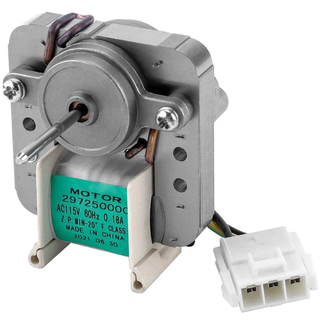 Refrigerator evaporator fan motor with mounting bracket and electrical connector, metal housing