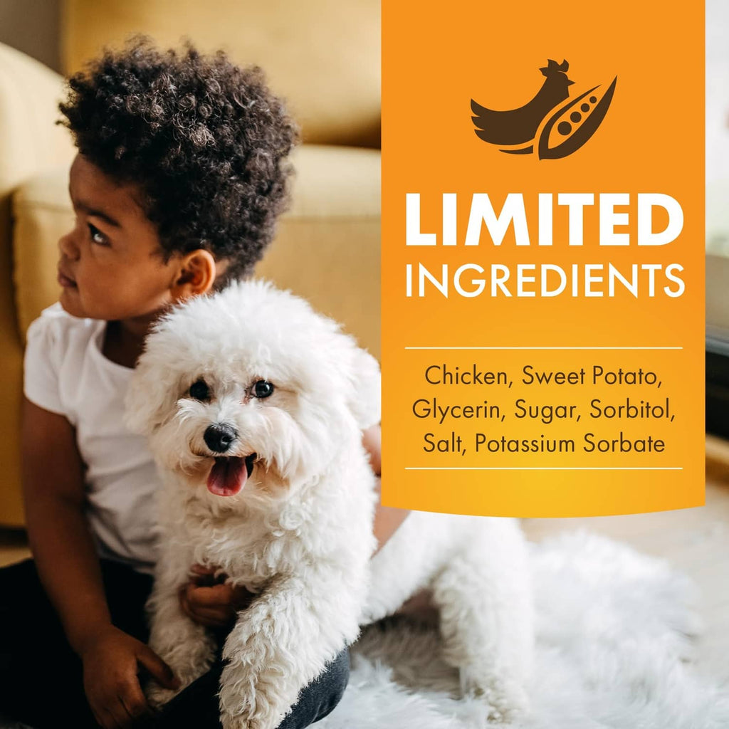 Pur Luv dog treats limited ingredient banner with fluffy dog on leash
